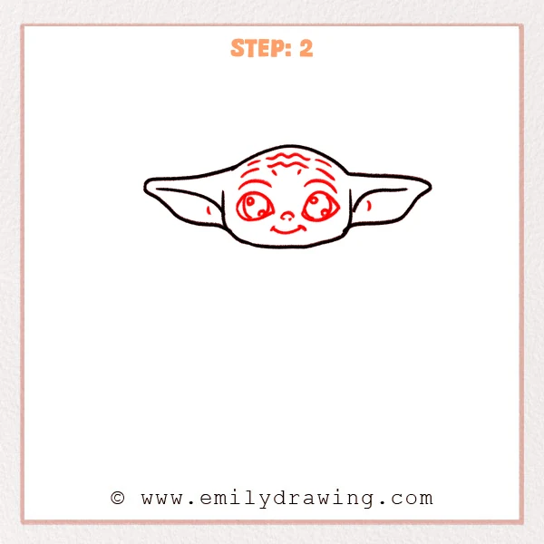 how to draw a baby yoda - Step 2: Baby Yoda face gains two large eye circles placed evenly.